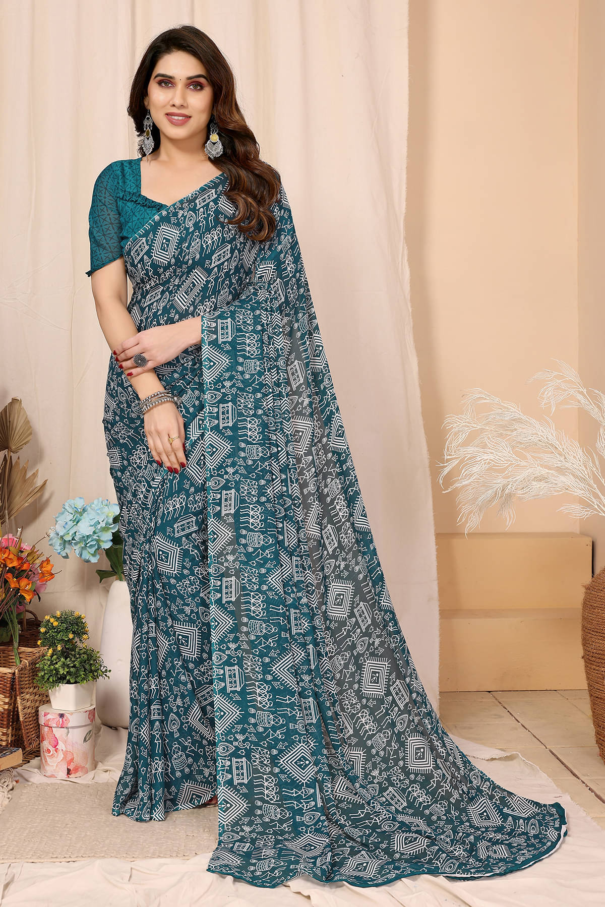ANAND SAREES Georgette Printed Chanderi saree With Unstitched Blouse Piece ( Rama ) ANAND SAREES Georgette Printed Chanderi saree With Unstitched Blouse Piece ( Rama )