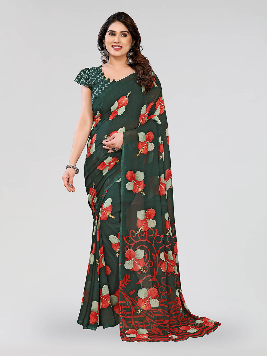 ANAND SAREES Georgette Printed Chanderi saree With Unstitched Blouse Piece ( Green ) ANAND SAREES Georgette Printed Chanderi saree With Unstitched Blouse Piece ( Green )