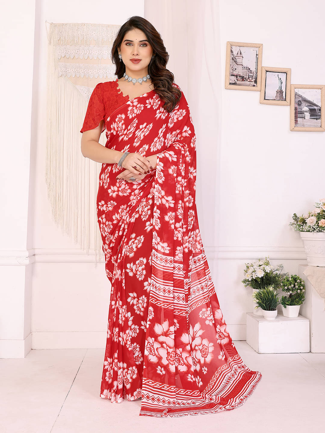 ANAND SAREES Georgette Printed Chanderi saree With Unstitched Blouse Piece ( Red ) ANAND SAREES Georgette Printed Chanderi saree With Unstitched Blouse Piece ( Red )