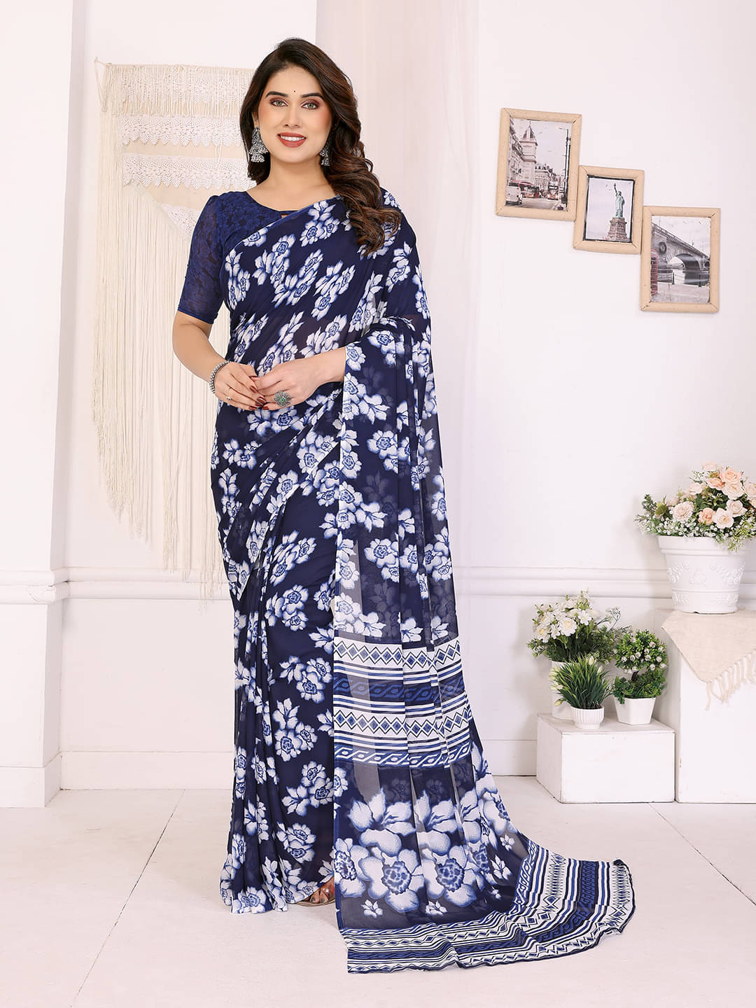     			ANAND SAREES Georgette Printed Chanderi saree With Unstitched Blouse Piece ( Navy Blue )