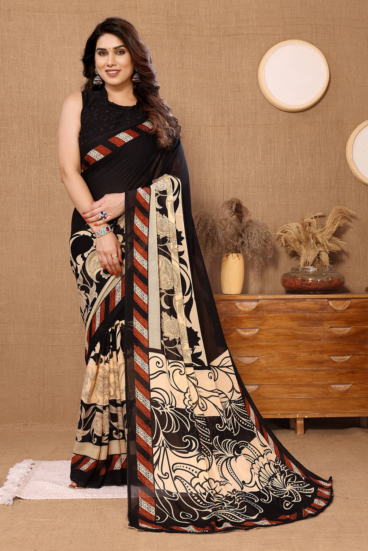ANAND SAREES Georgette Printed Chanderi saree With Unstitched Blouse Piece ( Black ) ANAND SAREES Georgette Printed Chanderi saree With Unstitched Blouse Piece ( Black )