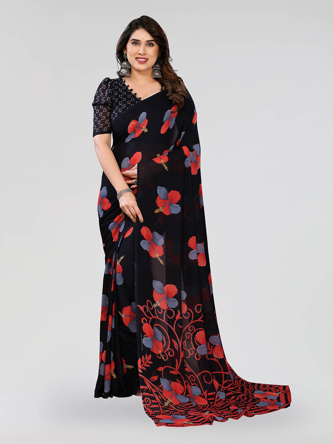     			ANAND SAREES Georgette Printed Chanderi saree With Unstitched Blouse Piece ( Black )