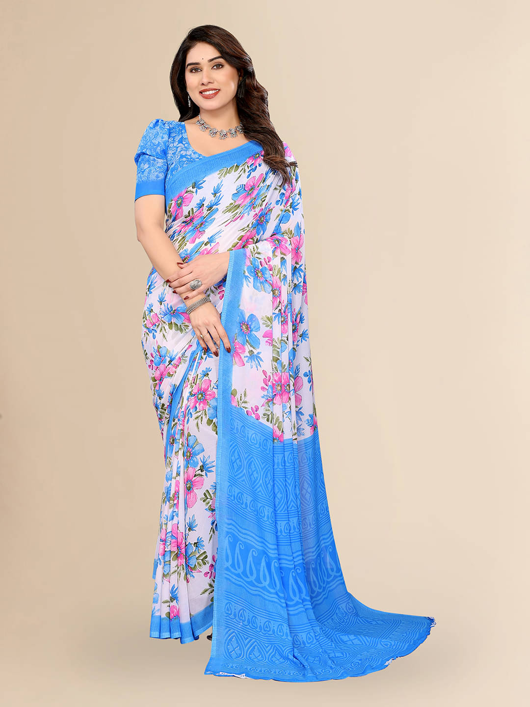     			ANAND SAREES Georgette Printed Chanderi saree With Unstitched Blouse Piece ( Blue )