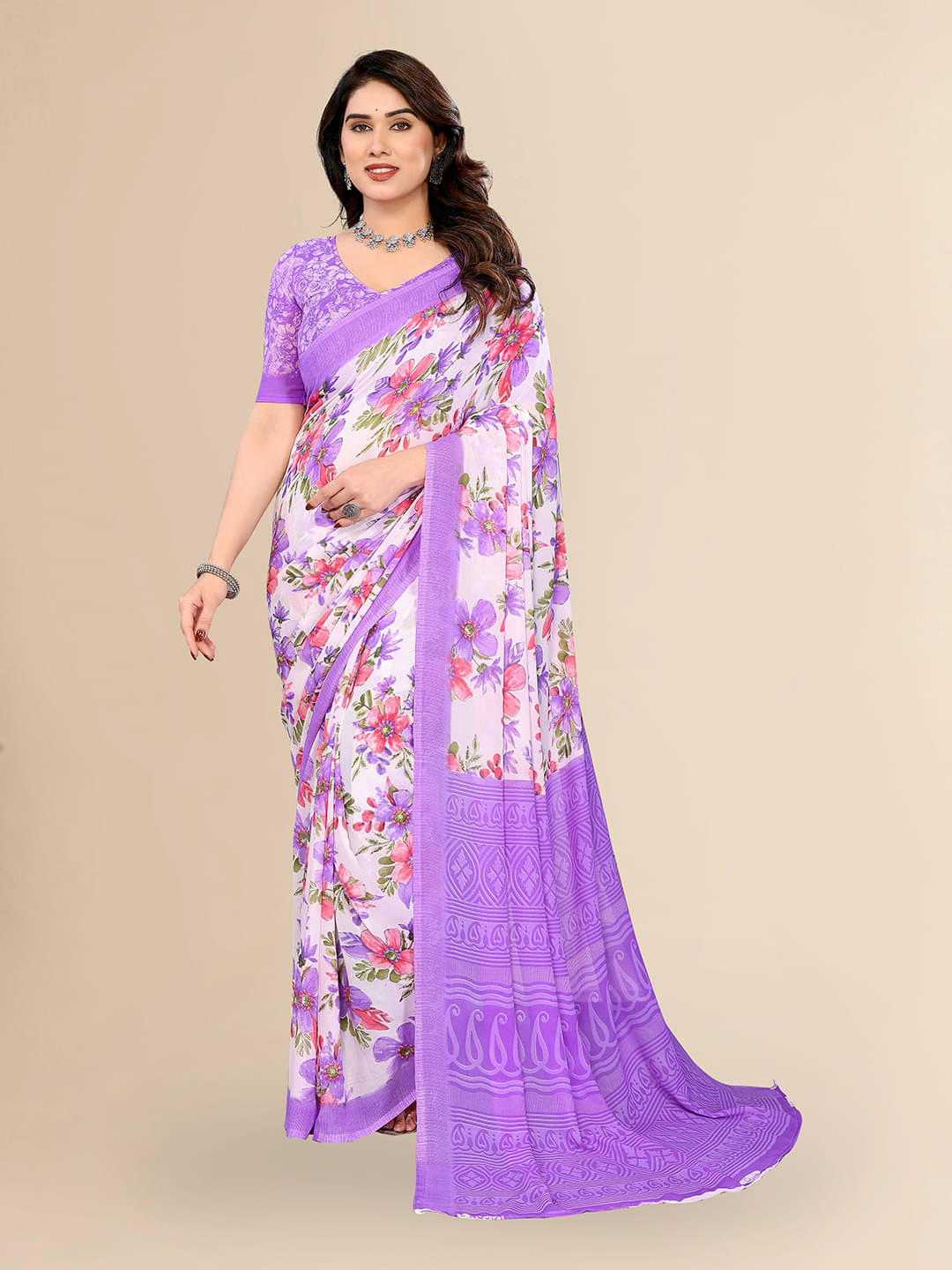     			ANAND SAREES Georgette Printed Chanderi saree With Unstitched Blouse Piece ( Purple )