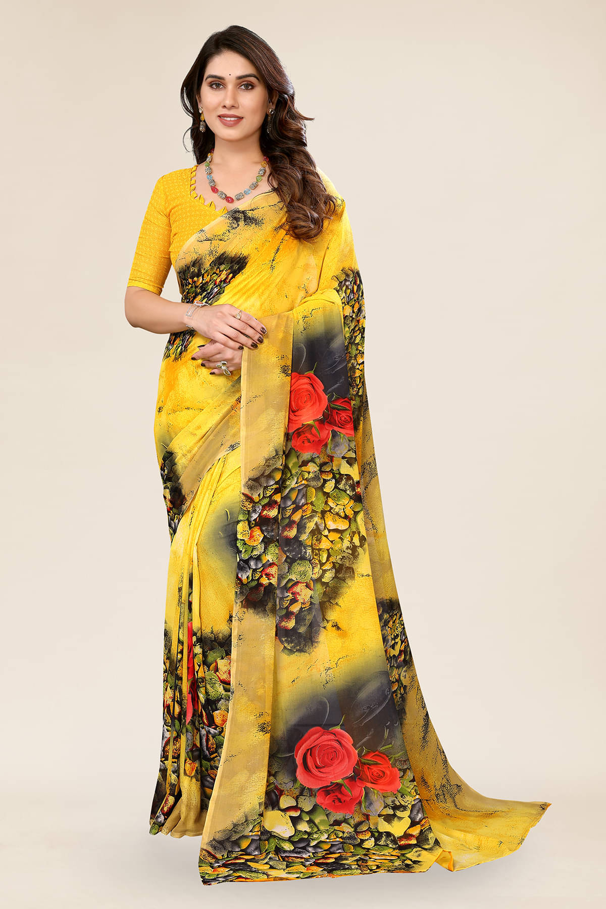     			ANAND SAREES Georgette Printed Chanderi saree With Unstitched Blouse Piece ( Yellow )