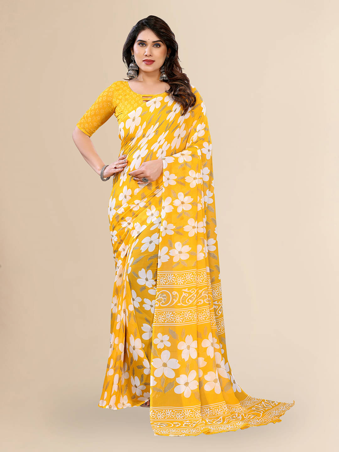     			ANAND SAREES Georgette Printed Chanderi saree With Unstitched Blouse Piece ( Yellow )