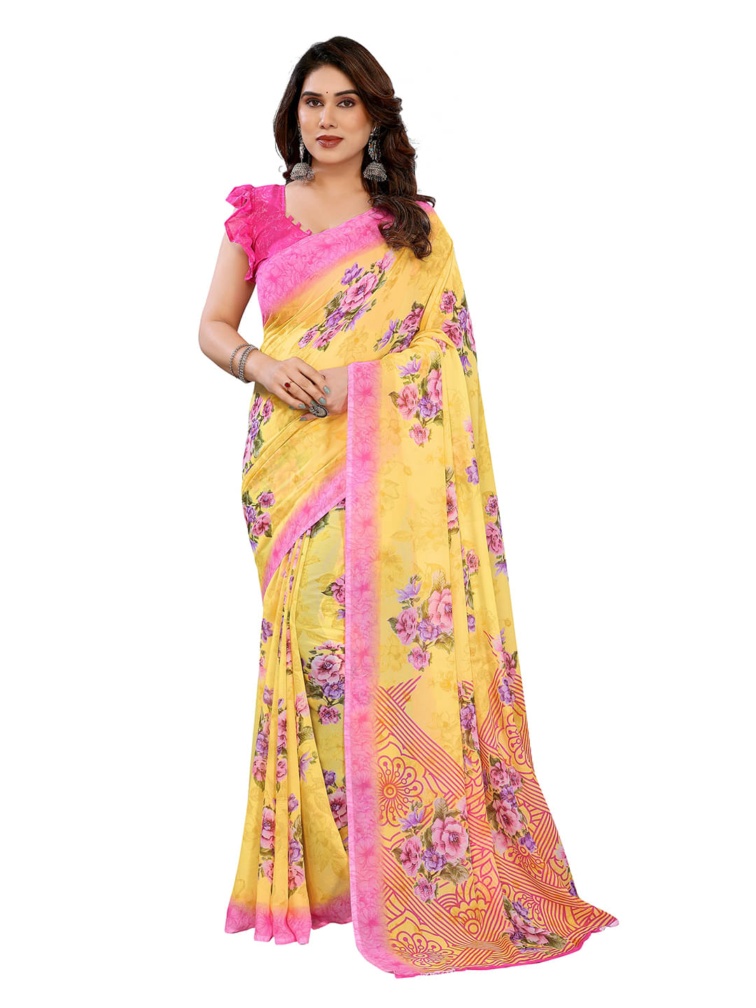 ANAND SAREES Georgette Printed Chanderi saree With Unstitched Blouse Piece ( Yellow ) ANAND SAREES Georgette Printed Chanderi saree With Unstitched Blouse Piece ( Yellow )
