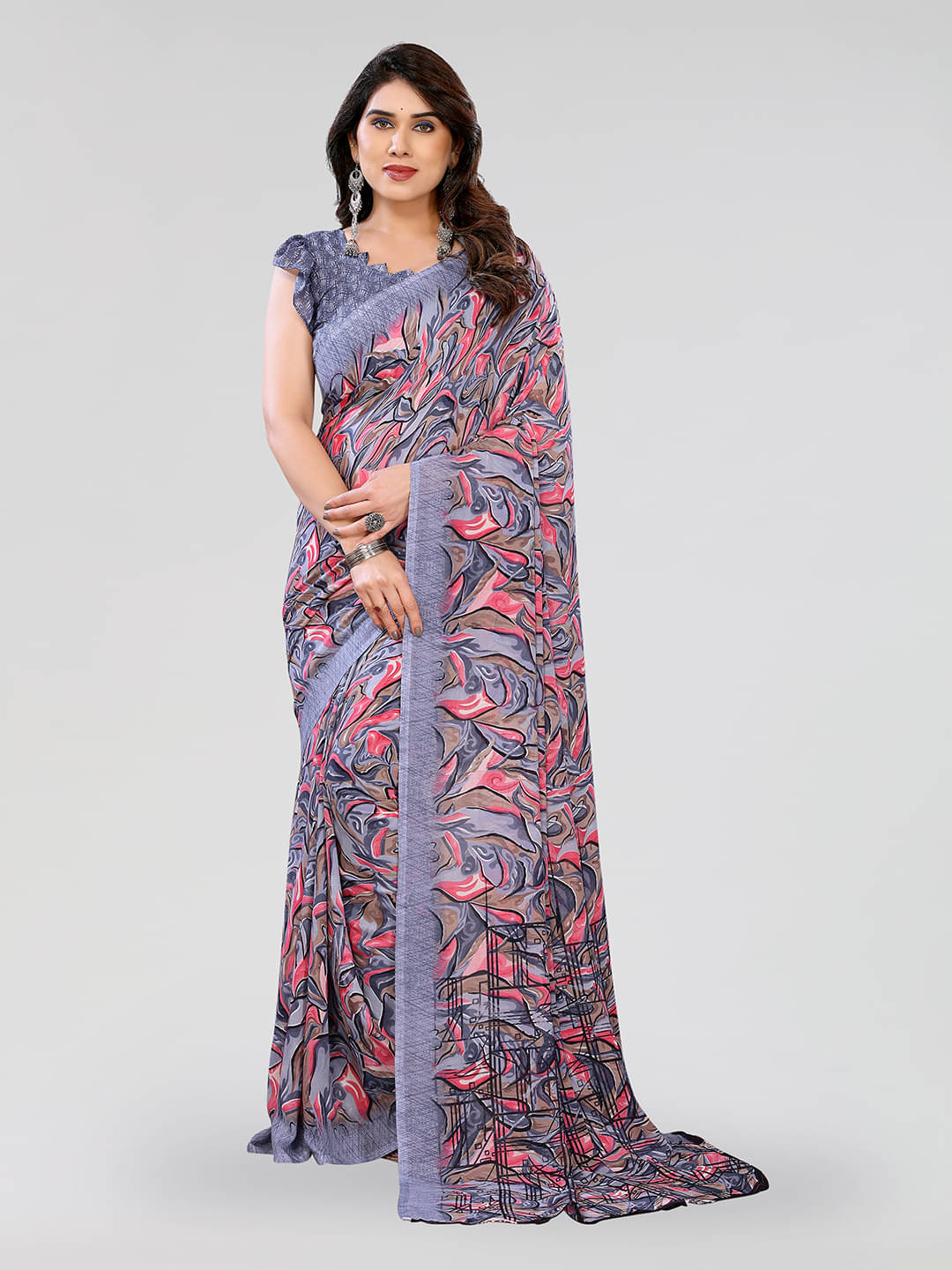 ANAND SAREES Georgette Printed Chanderi saree With Unstitched Blouse Piece ( Grey ) ANAND SAREES Georgette Printed Chanderi saree With Unstitched Blouse Piece ( Grey )