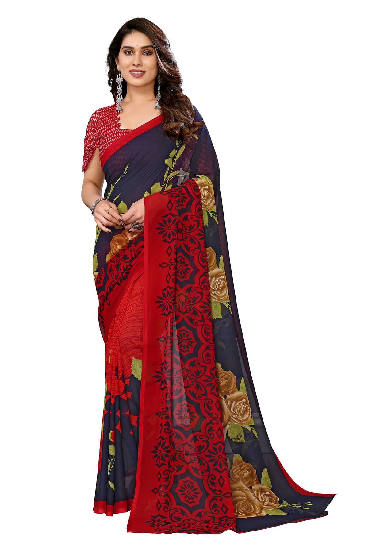     			ANAND SAREES Georgette Printed Chanderi saree With Unstitched Blouse Piece ( Red )
