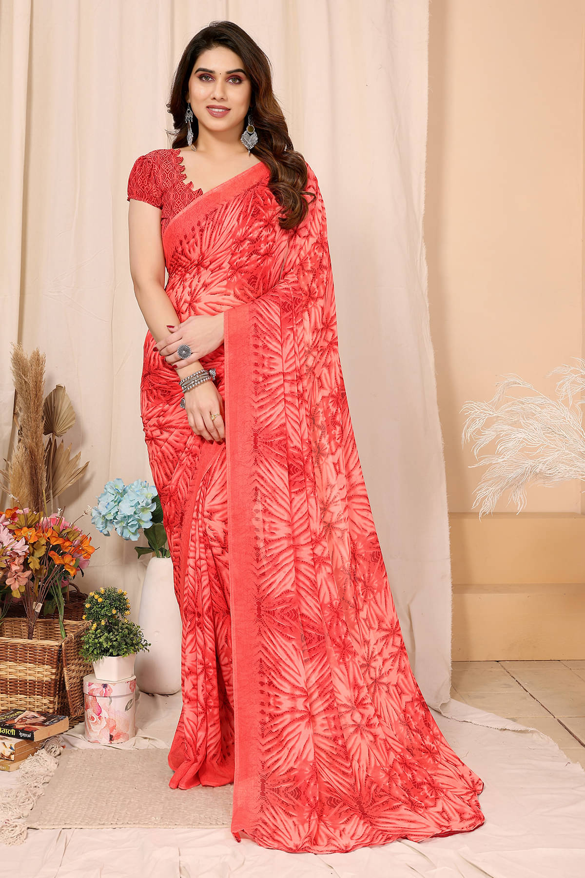 ANAND SAREES Georgette Printed Chanderi saree With Unstitched Blouse Piece ( Red ) ANAND SAREES Georgette Printed Chanderi saree With Unstitched Blouse Piece ( Red )