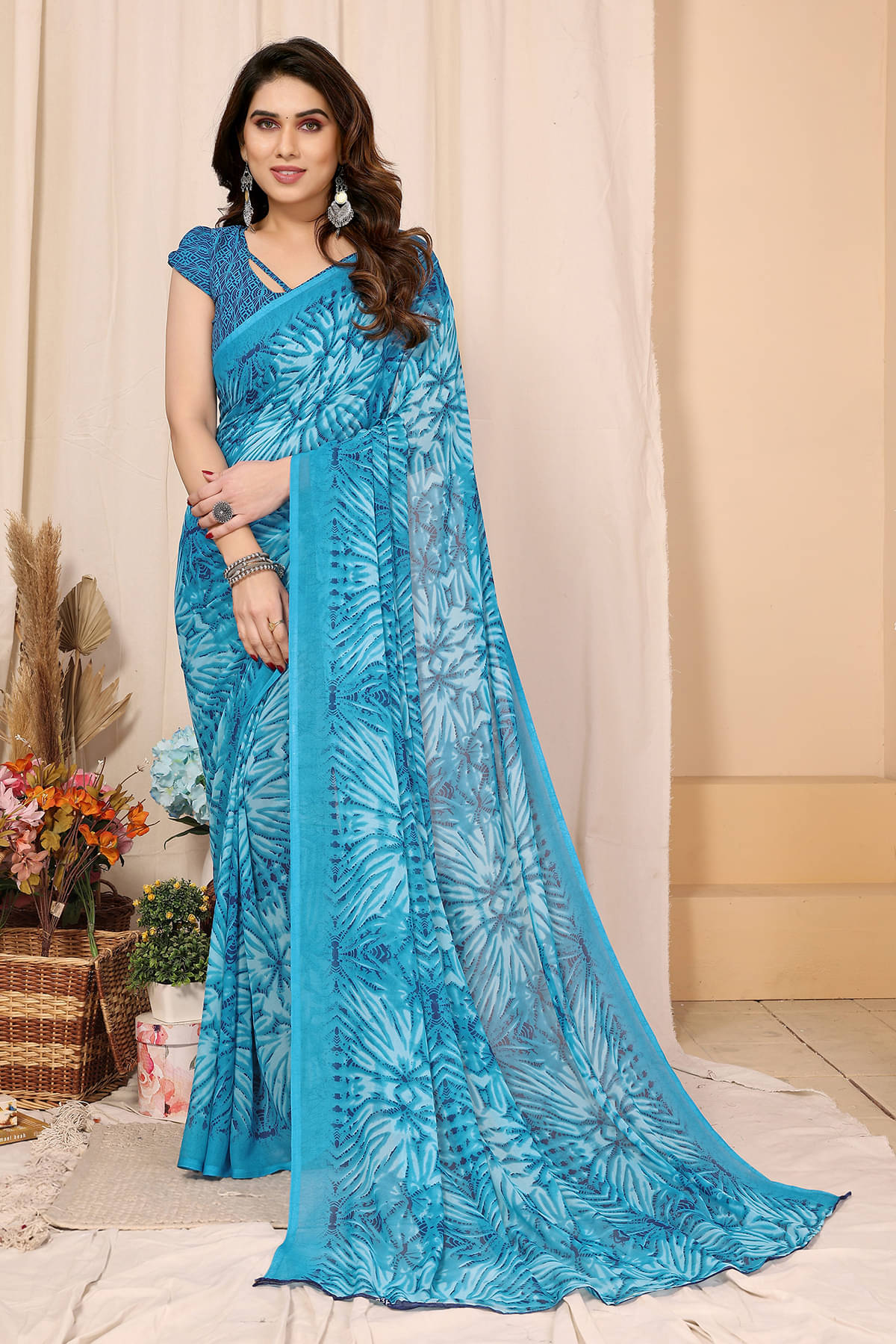 ANAND SAREES Georgette Printed Chanderi saree With Unstitched Blouse Piece ( Blue ) ANAND SAREES Georgette Printed Chanderi saree With Unstitched Blouse Piece ( Blue )
