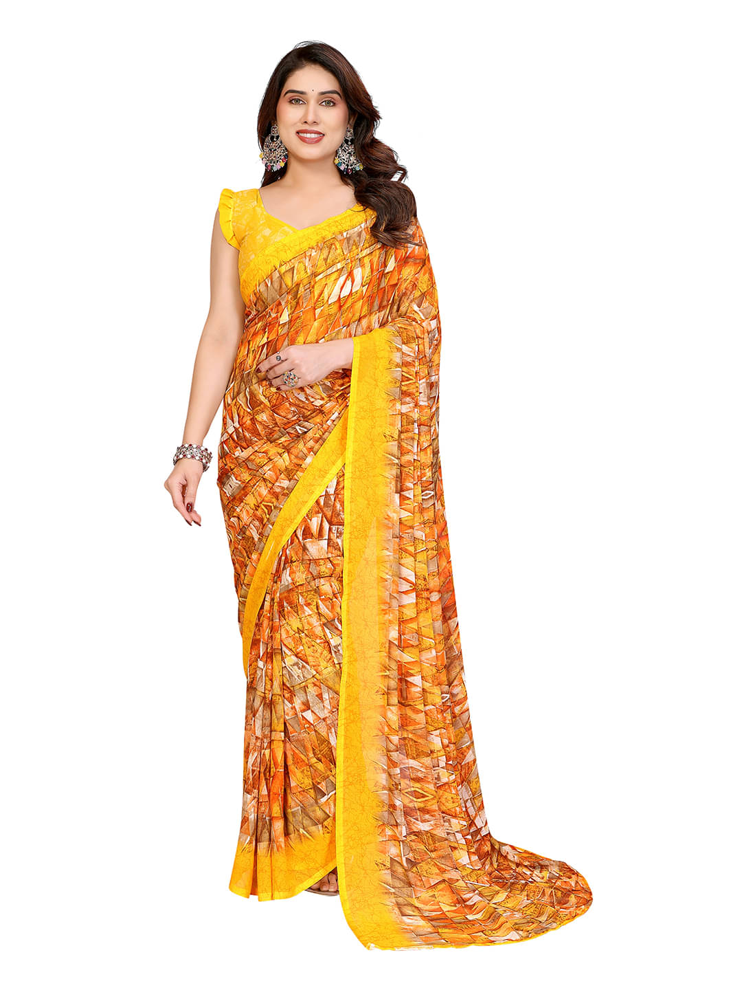 ANAND SAREES Georgette Printed Chanderi saree With Unstitched Blouse Piece ( Yellow )     			ANAND SAREES Georgette Printed Chanderi saree With Unstitched Blouse Piece ( Yellow )