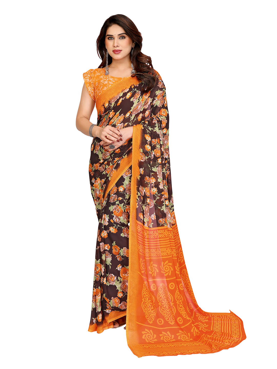 ANAND SAREES Georgette Printed Chanderi saree With Unstitched Blouse Piece ( Brown ) ANAND SAREES Georgette Printed Chanderi saree With Unstitched Blouse Piece ( Brown )