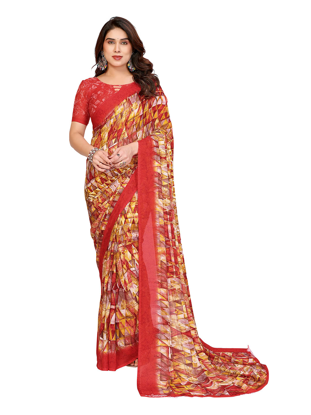 ANAND SAREES Georgette Printed Chanderi saree With Unstitched Blouse Piece ( Red ) ANAND SAREES Georgette Printed Chanderi saree With Unstitched Blouse Piece ( Red )