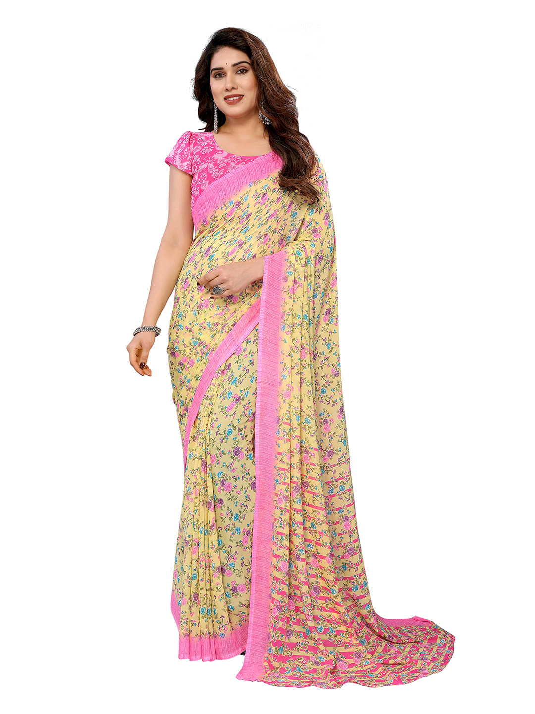     			ANAND SAREES Georgette Printed Chanderi saree With Unstitched Blouse Piece ( Yellow )