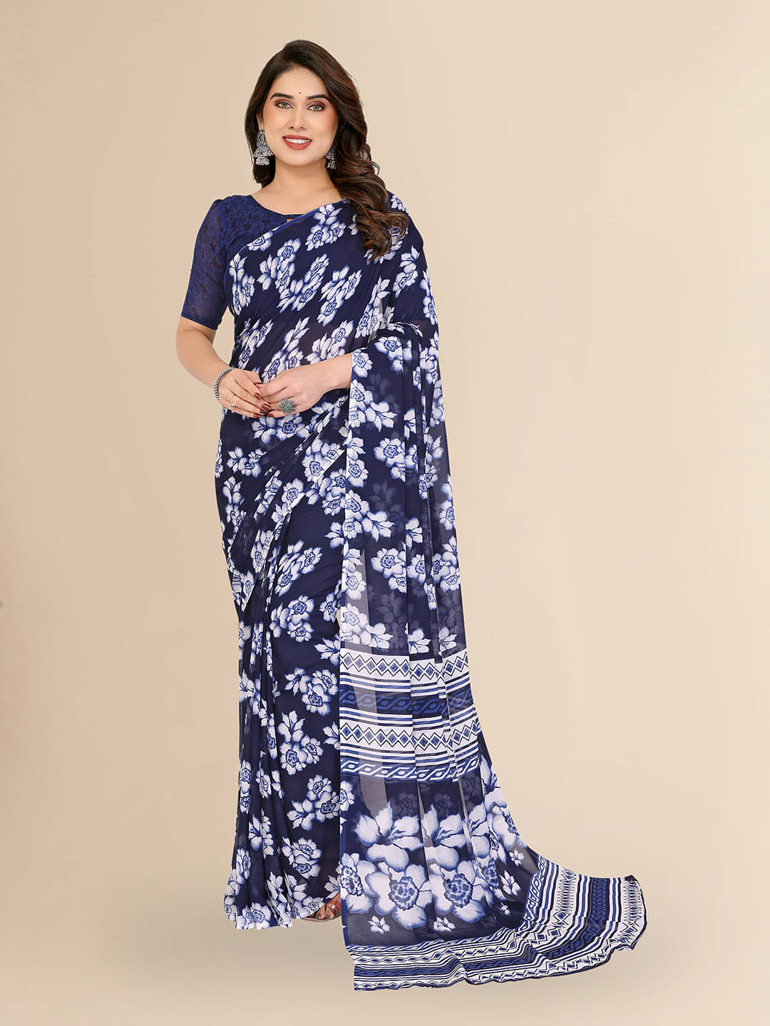 ANAND SAREES Georgette Printed Chanderi saree With Unstitched Blouse Piece ( Navy Blue ) ANAND SAREES Georgette Printed Chanderi saree With Unstitched Blouse Piece ( Navy Blue )