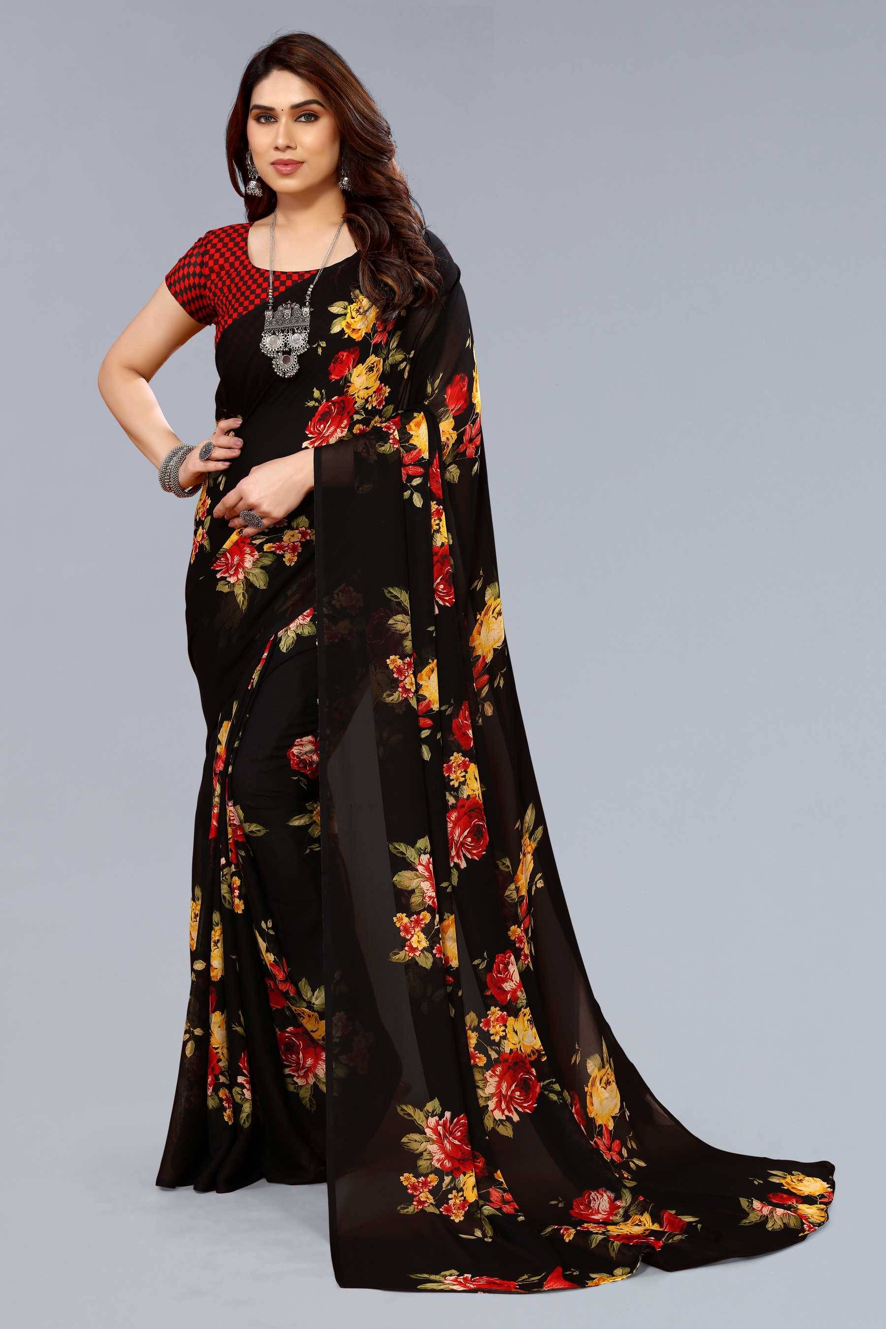 ANAND SAREES Georgette Printed Chanderi saree With Unstitched Blouse Piece ( Black ) ANAND SAREES Georgette Printed Chanderi saree With Unstitched Blouse Piece ( Black )