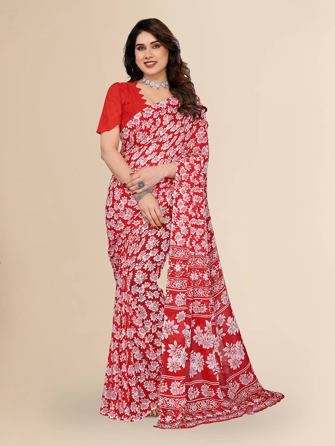 ANAND SAREES Georgette Printed Chanderi saree With Unstitched Blouse Piece ( Red ) ANAND SAREES Georgette Printed Chanderi saree With Unstitched Blouse Piece ( Red )