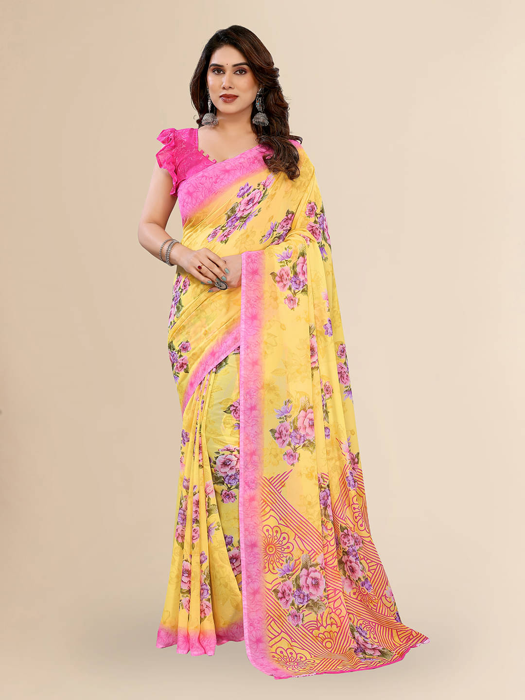 ANAND SAREES Georgette Printed Chanderi saree With Unstitched Blouse Piece ( Yellow ) ANAND SAREES Georgette Printed Chanderi saree With Unstitched Blouse Piece ( Yellow )