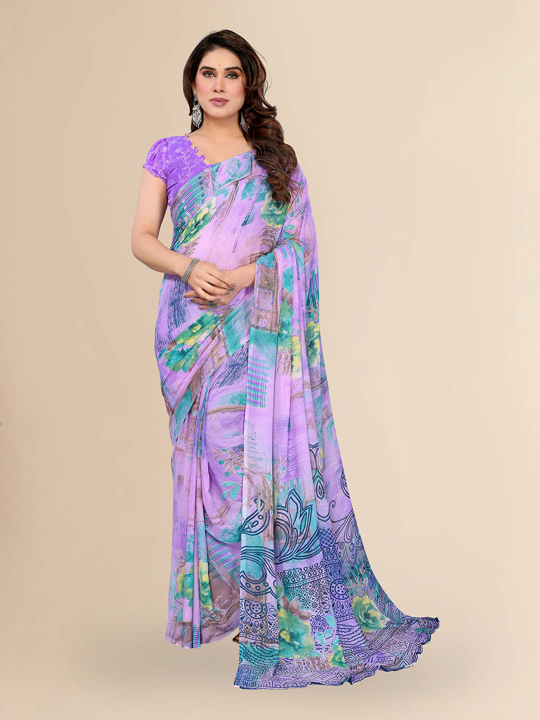     			ANAND SAREES Georgette Printed Chanderi saree With Unstitched Blouse Piece ( Purple )
