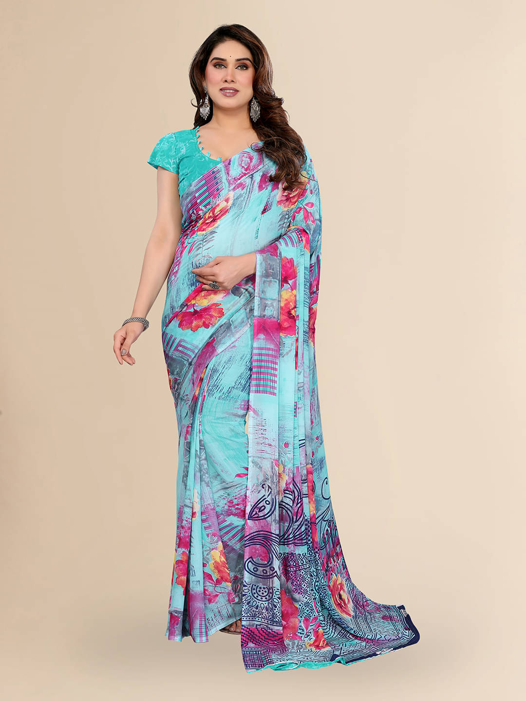     			ANAND SAREES Georgette Printed Chanderi saree With Unstitched Blouse Piece ( Rama )