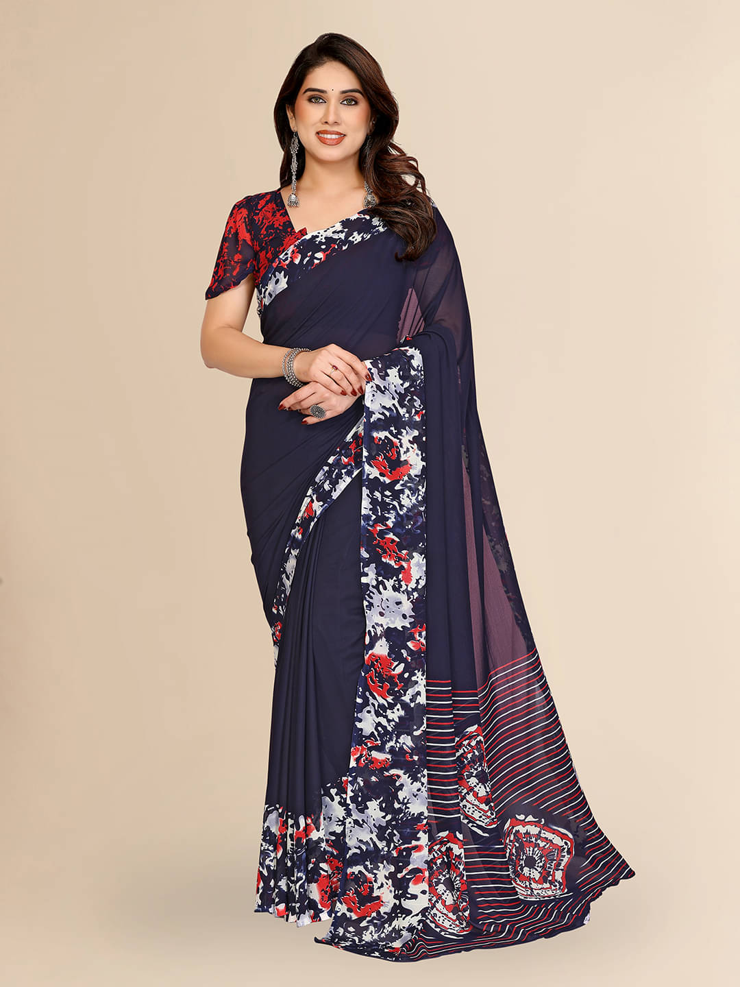     			ANAND SAREES Georgette Printed Chanderi saree With Unstitched Blouse Piece ( Blue )