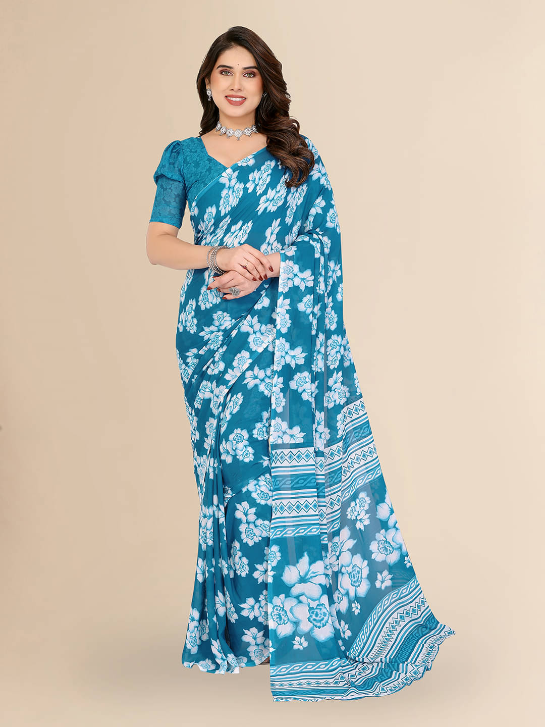 ANAND SAREES Georgette Printed Chanderi saree With Unstitched Blouse Piece ( Aqua Blue ) ANAND SAREES Georgette Printed Chanderi saree With Unstitched Blouse Piece ( Aqua Blue )