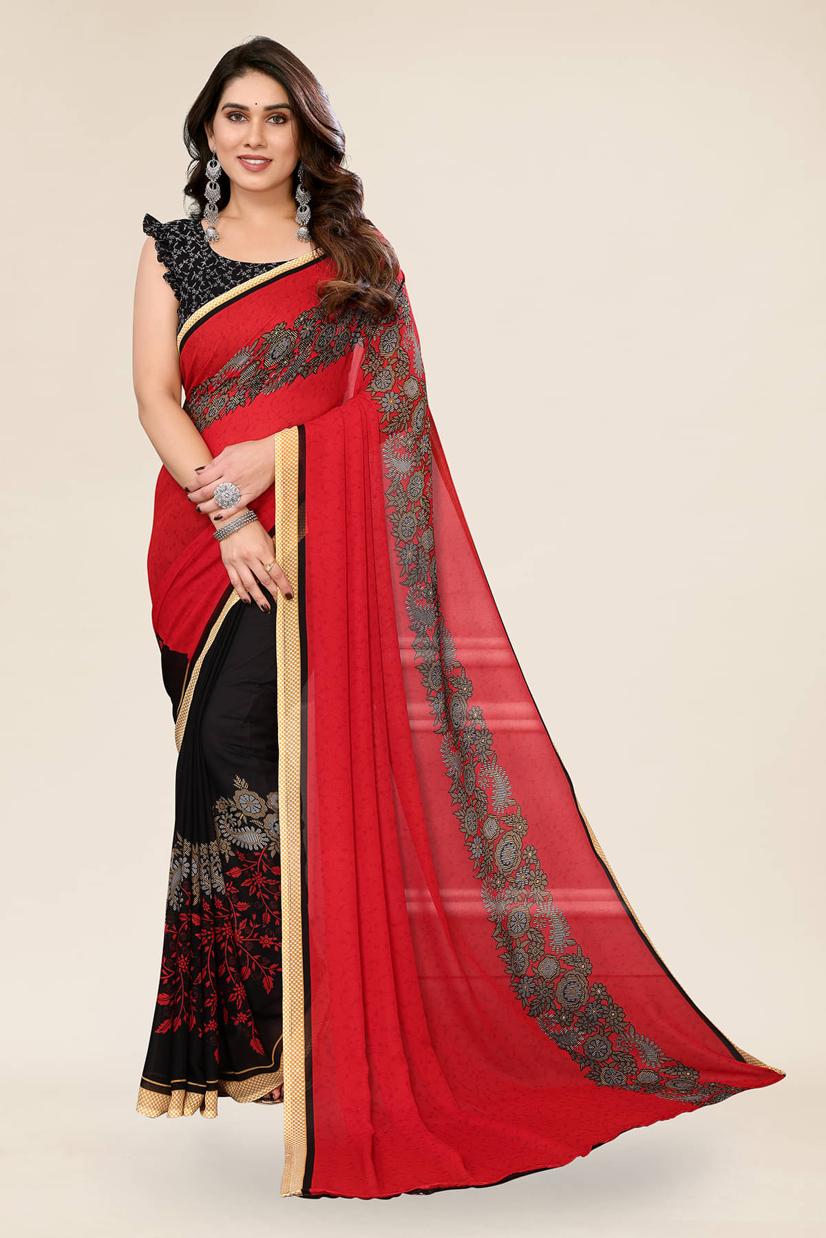     			ANAND SAREES Georgette Printed Chanderi saree With Unstitched Blouse Piece ( Red )