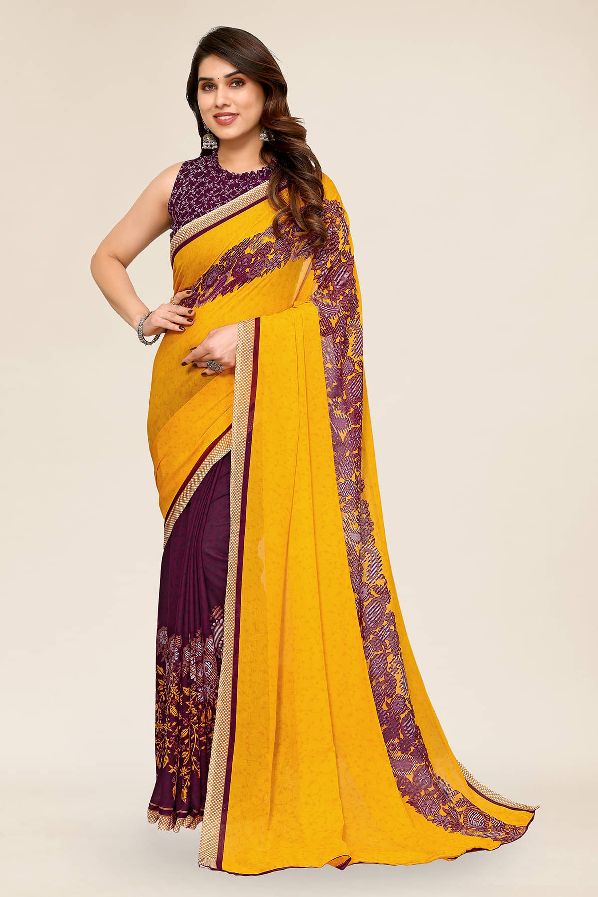     			ANAND SAREES Georgette Printed Chanderi saree With Unstitched Blouse Piece ( Yellow )