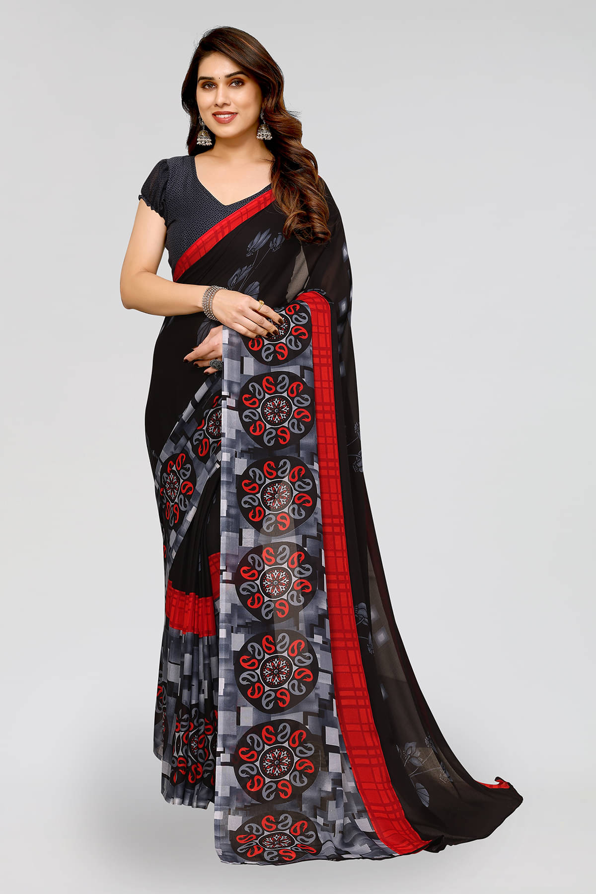 ANAND SAREES Georgette Printed Chanderi saree With Unstitched Blouse Piece ( Black ) ANAND SAREES Georgette Printed Chanderi saree With Unstitched Blouse Piece ( Black )