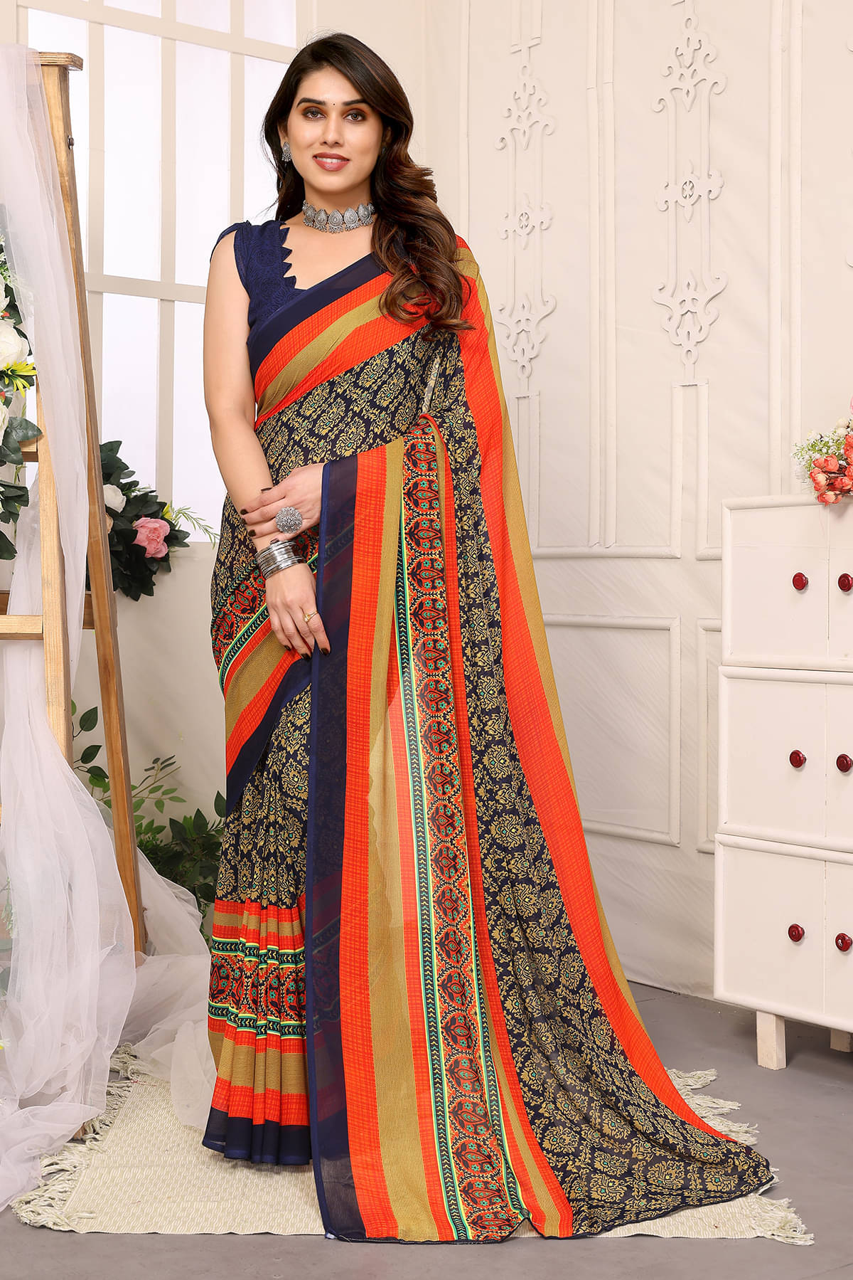 ANAND SAREES Georgette Printed Chanderi saree With Unstitched Blouse Piece ( Blue ) ANAND SAREES Georgette Printed Chanderi saree With Unstitched Blouse Piece ( Blue )