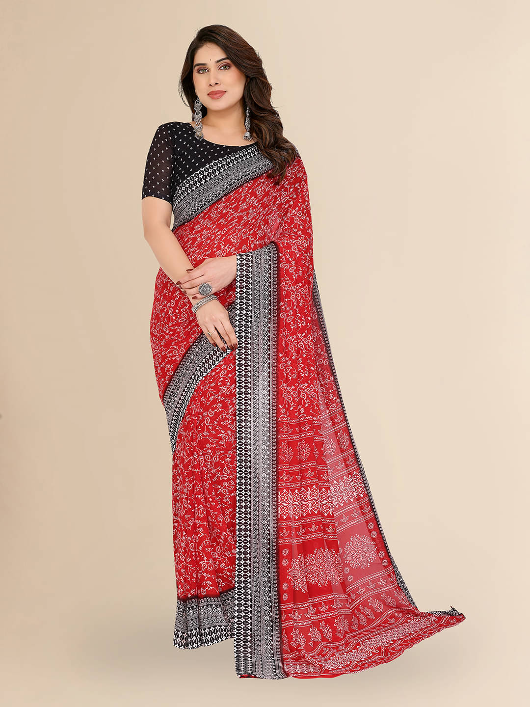 ANAND SAREES Georgette Printed Chanderi saree With Unstitched Blouse Piece ( Red ) ANAND SAREES Georgette Printed Chanderi saree With Unstitched Blouse Piece ( Red )