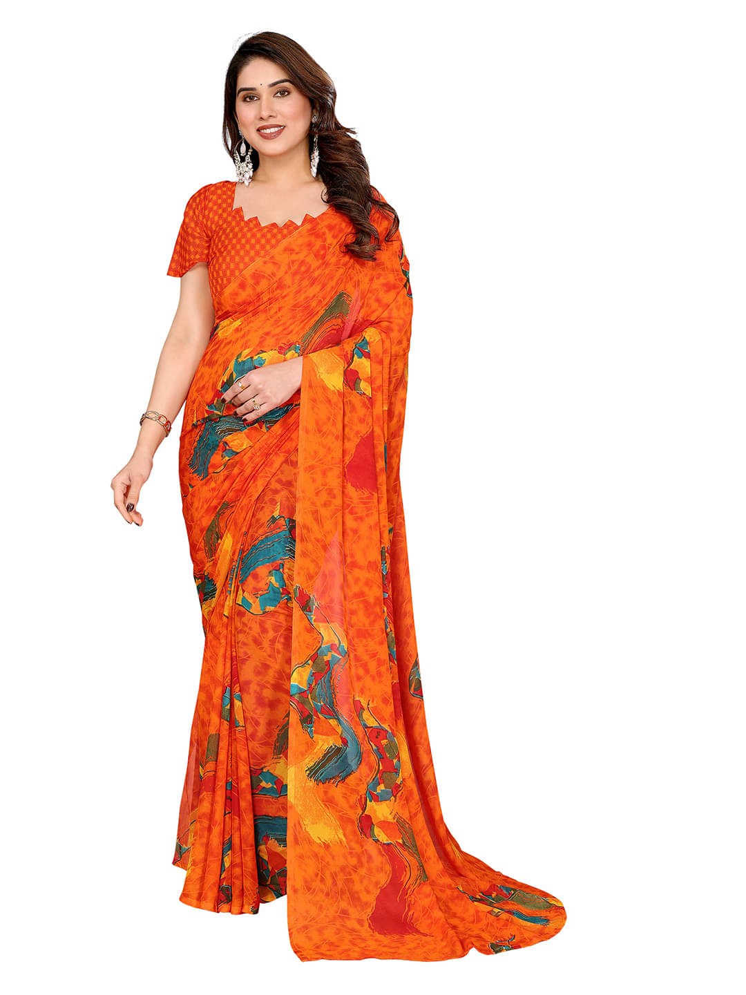 ANAND SAREES Georgette Printed Chanderi saree With Unstitched Blouse Piece ( Orange ) ANAND SAREES Georgette Printed Chanderi saree With Unstitched Blouse Piece ( Orange )