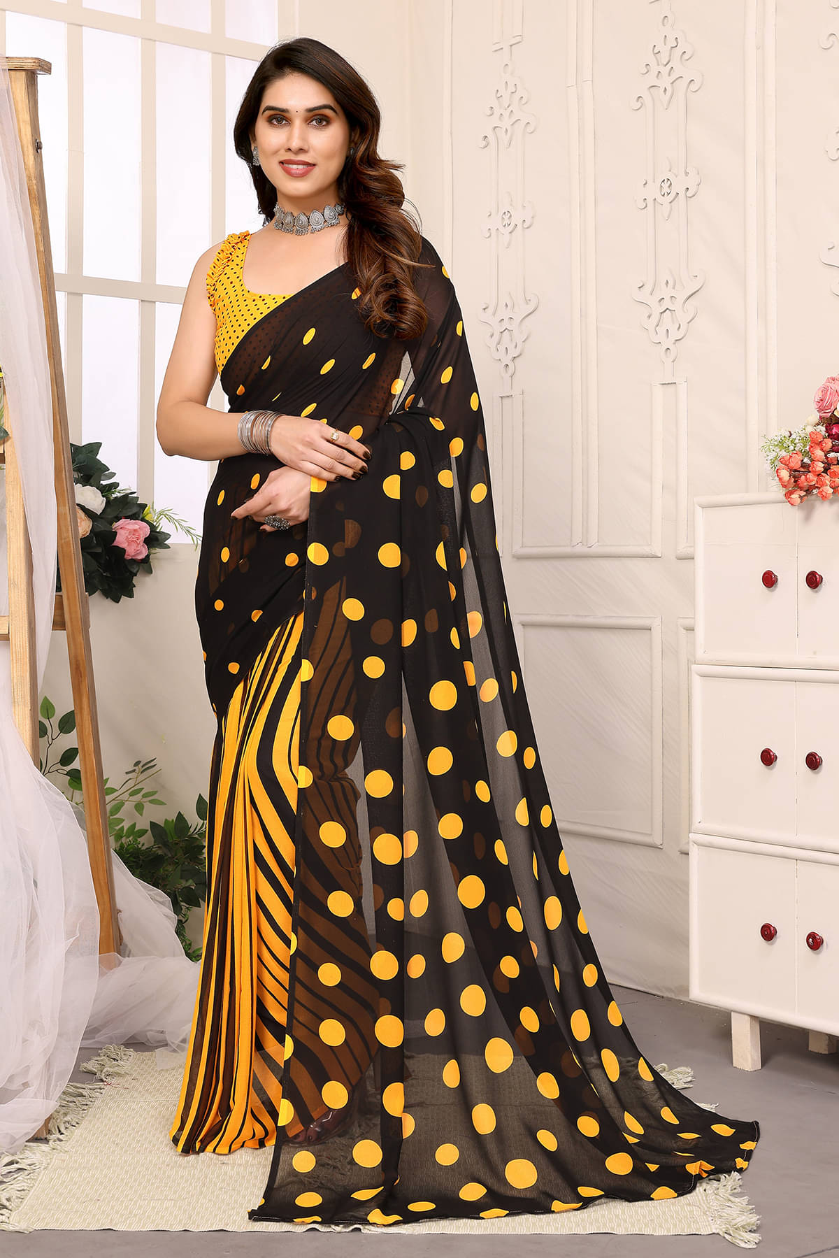 ANAND SAREES Georgette Printed Chanderi saree With Unstitched Blouse Piece ( Yellow ) ANAND SAREES Georgette Printed Chanderi saree With Unstitched Blouse Piece ( Yellow )