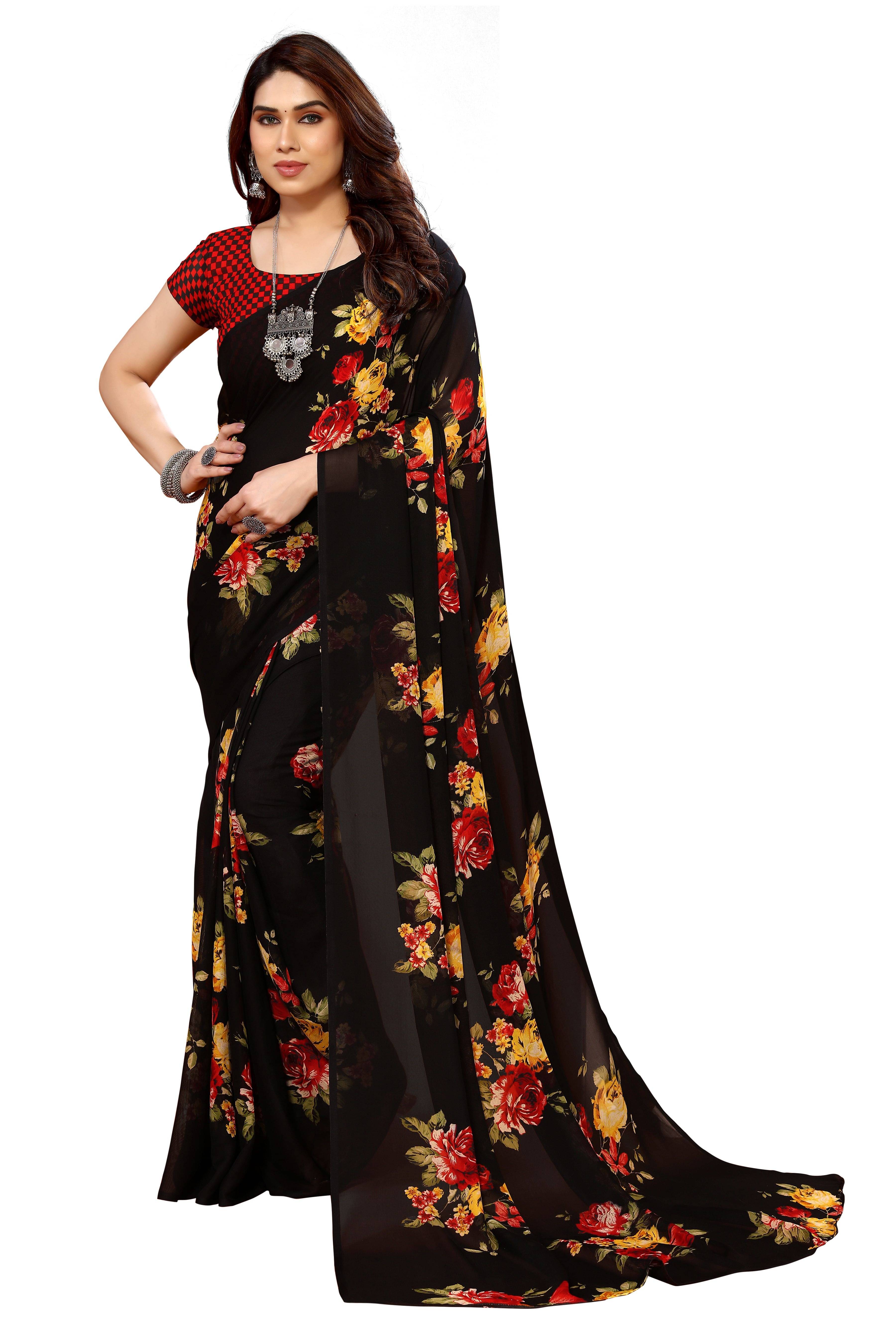 ANAND SAREES Georgette Printed Chanderi saree With Unstitched Blouse Piece ( Black ) ANAND SAREES Georgette Printed Chanderi saree With Unstitched Blouse Piece ( Black )