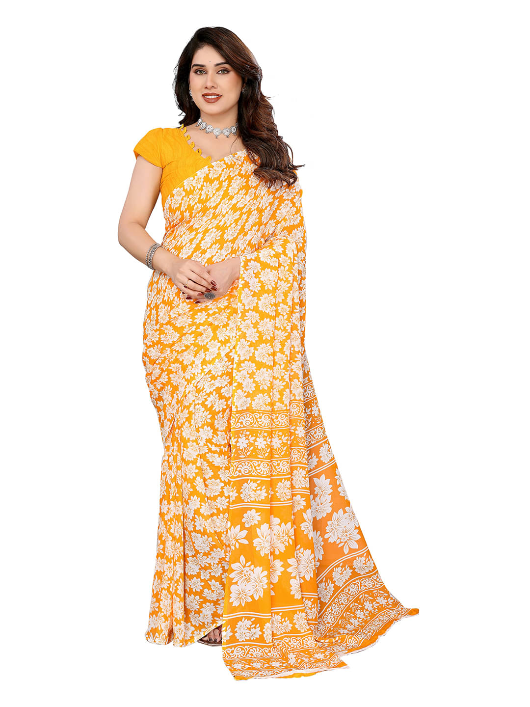     			ANAND SAREES Georgette Printed Chanderi saree With Unstitched Blouse Piece ( Yellow )