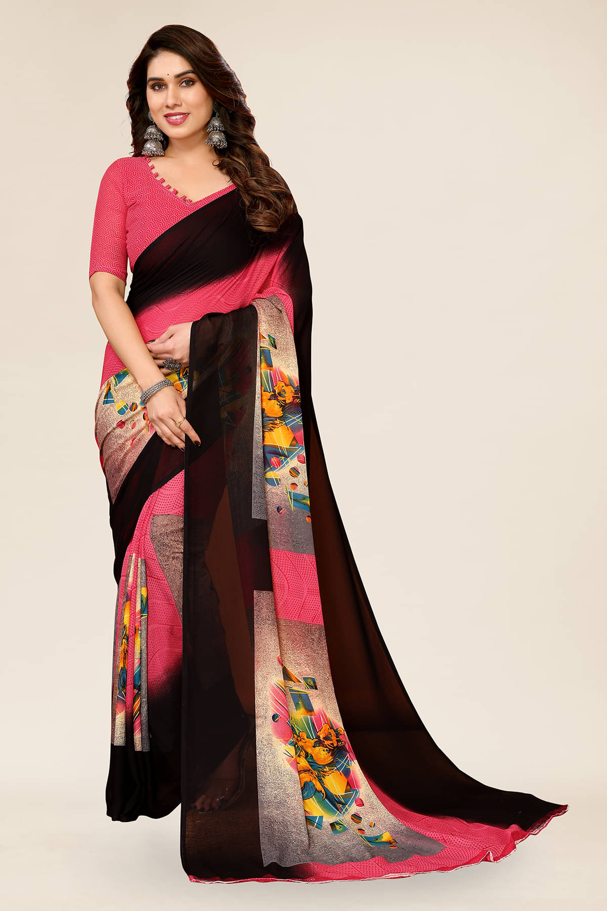     			ANAND SAREES Georgette Printed Chanderi saree With Unstitched Blouse Piece ( Pink )