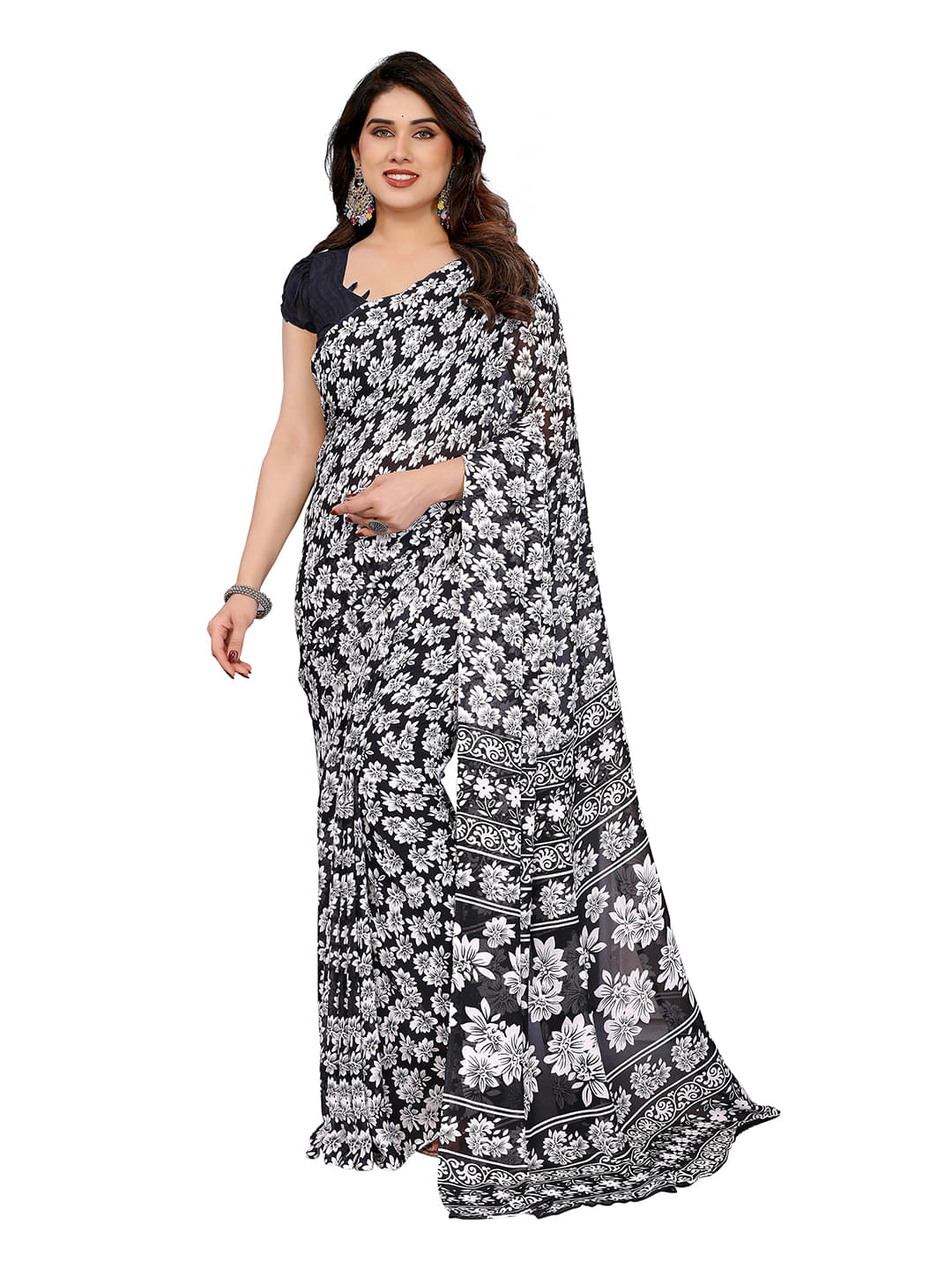     			ANAND SAREES Georgette Printed Chanderi saree With Unstitched Blouse Piece ( Black )