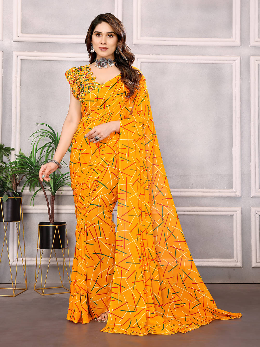     			ANAND SAREES Georgette Printed Chanderi saree With Unstitched Blouse Piece ( Yellow )