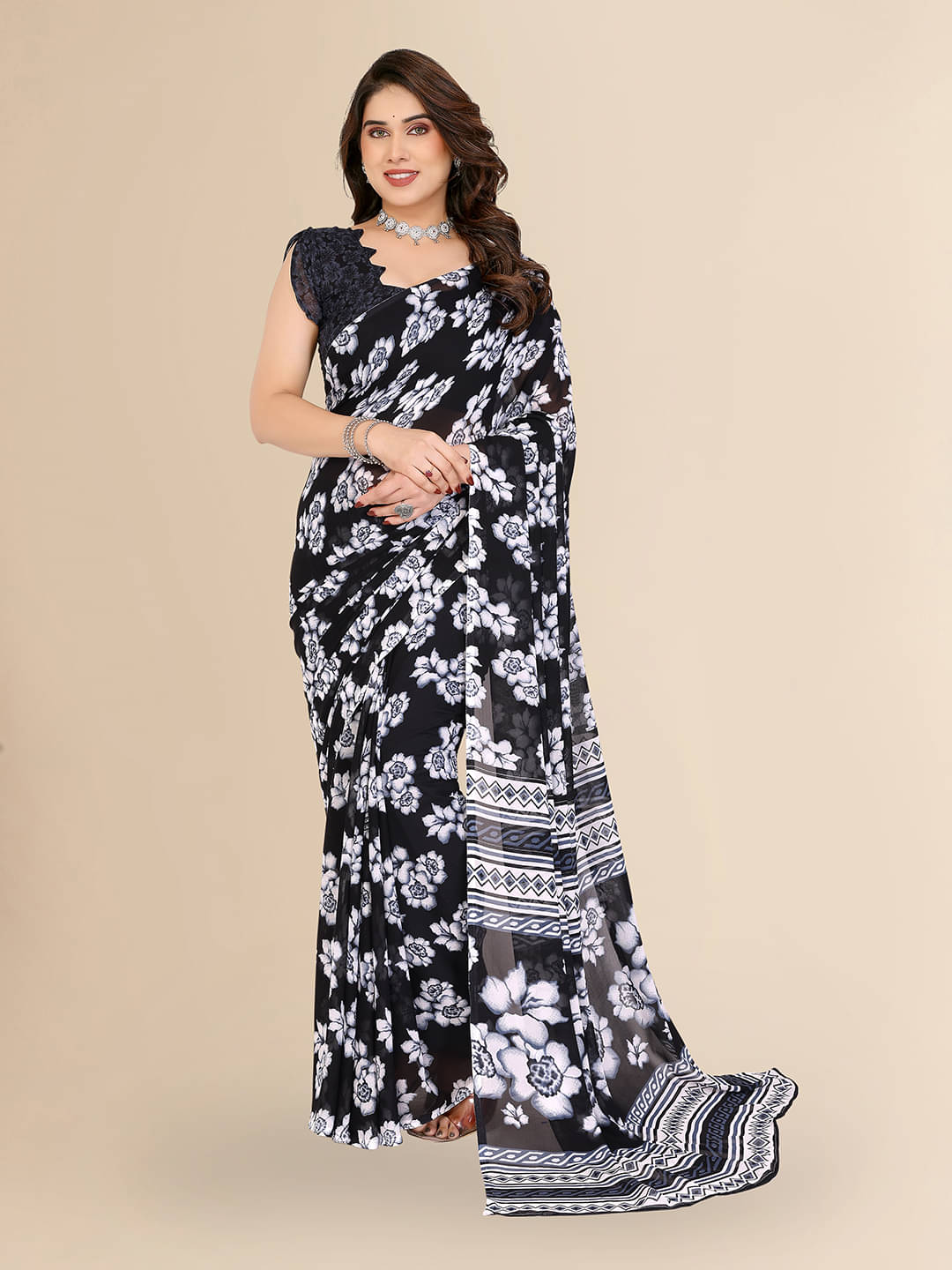 ANAND SAREES Georgette Printed Chanderi saree With Unstitched Blouse Piece ( Black ) ANAND SAREES Georgette Printed Chanderi saree With Unstitched Blouse Piece ( Black )