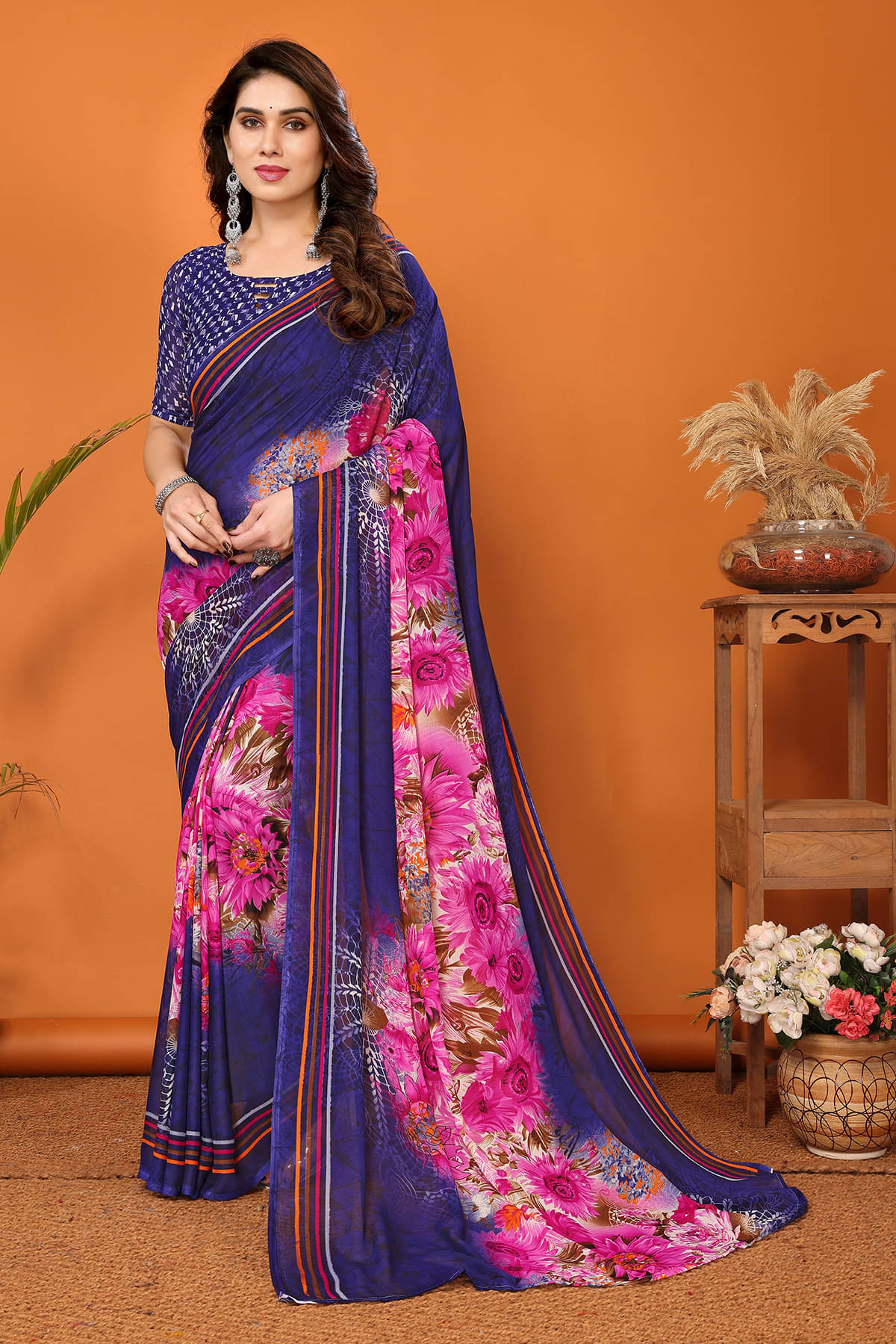     			ANAND SAREES Georgette Printed Chanderi saree With Unstitched Blouse Piece ( Blue )