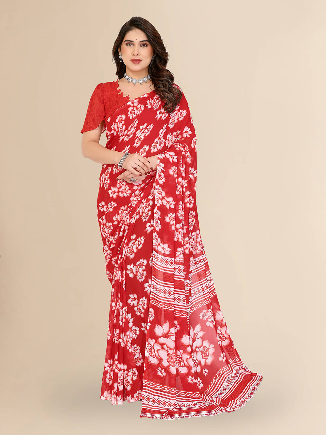 ANAND SAREES Georgette Printed Chanderi saree With Unstitched Blouse Piece ( Red ) ANAND SAREES Georgette Printed Chanderi saree With Unstitched Blouse Piece ( Red )