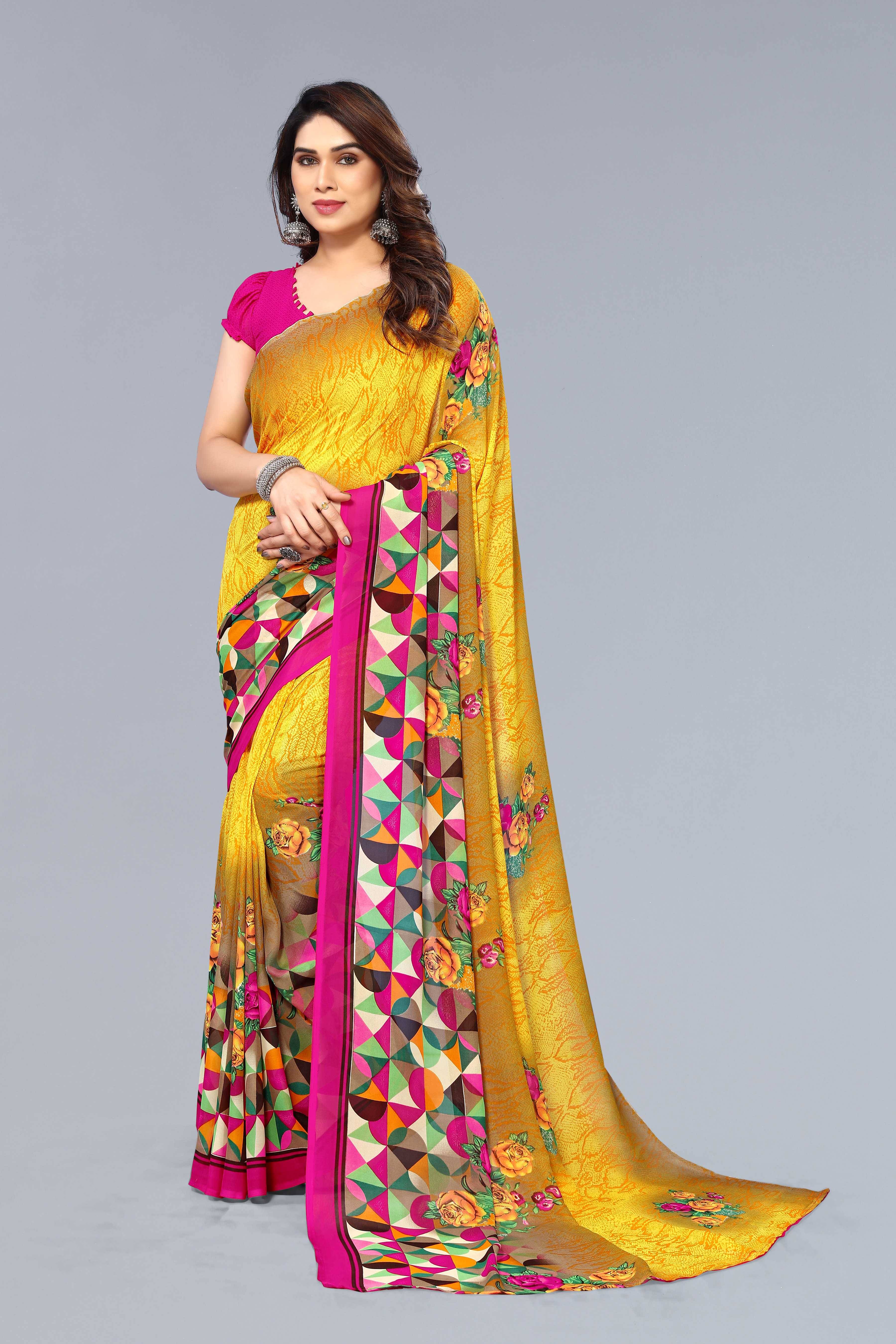     			ANAND SAREES Georgette Printed Chanderi saree With Unstitched Blouse Piece ( Yellow )
