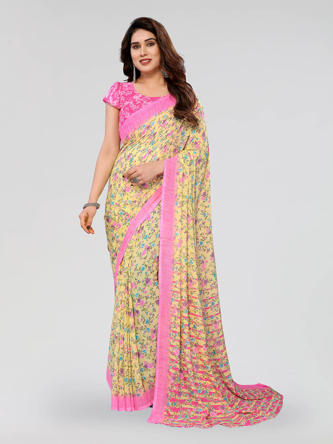     			ANAND SAREES Georgette Printed Chanderi saree With Unstitched Blouse Piece ( Yellow )