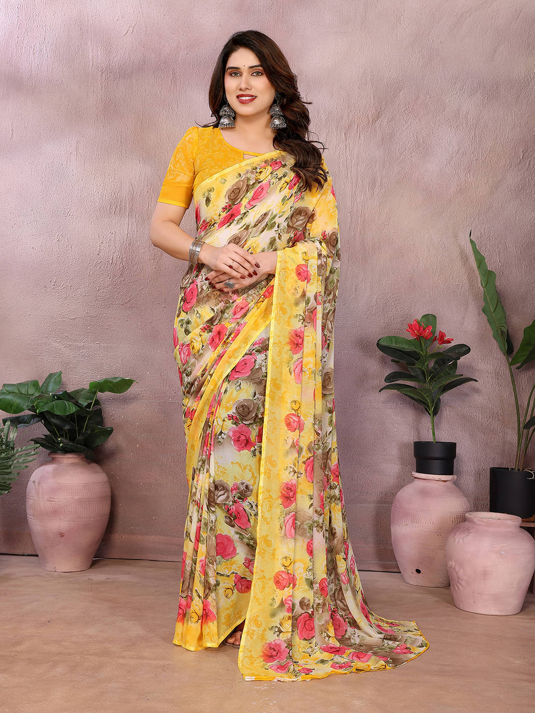    			ANAND SAREES Georgette Printed Chanderi saree With Unstitched Blouse Piece ( Yellow )