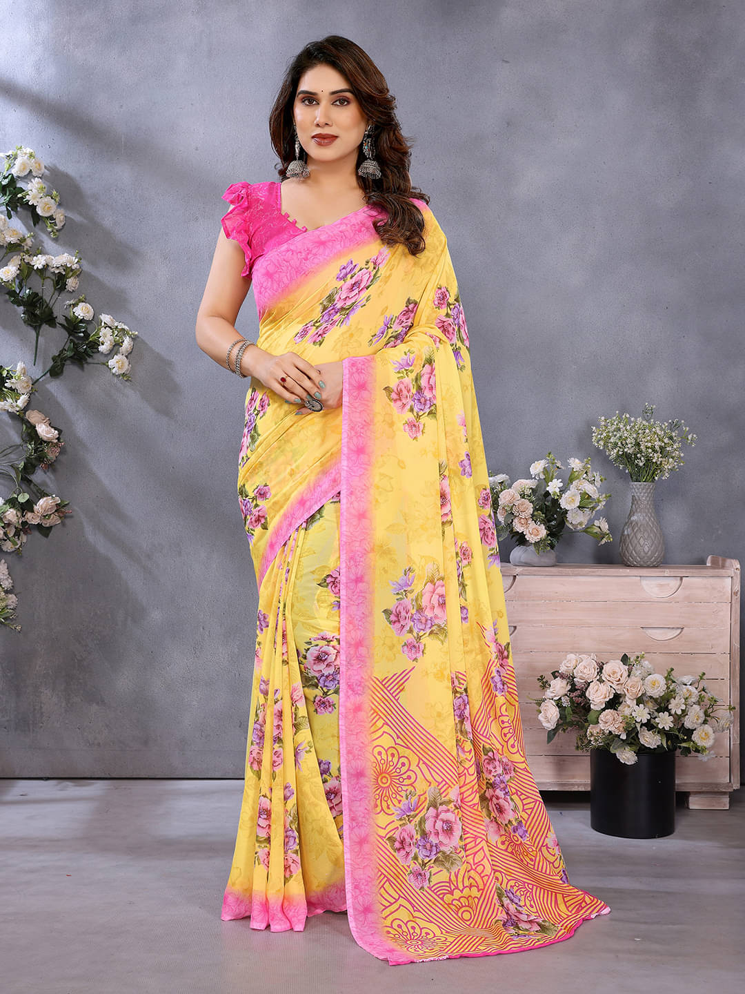 ANAND SAREES Georgette Printed Chanderi saree With Unstitched Blouse Piece ( Yellow ) ANAND SAREES Georgette Printed Chanderi saree With Unstitched Blouse Piece ( Yellow )
