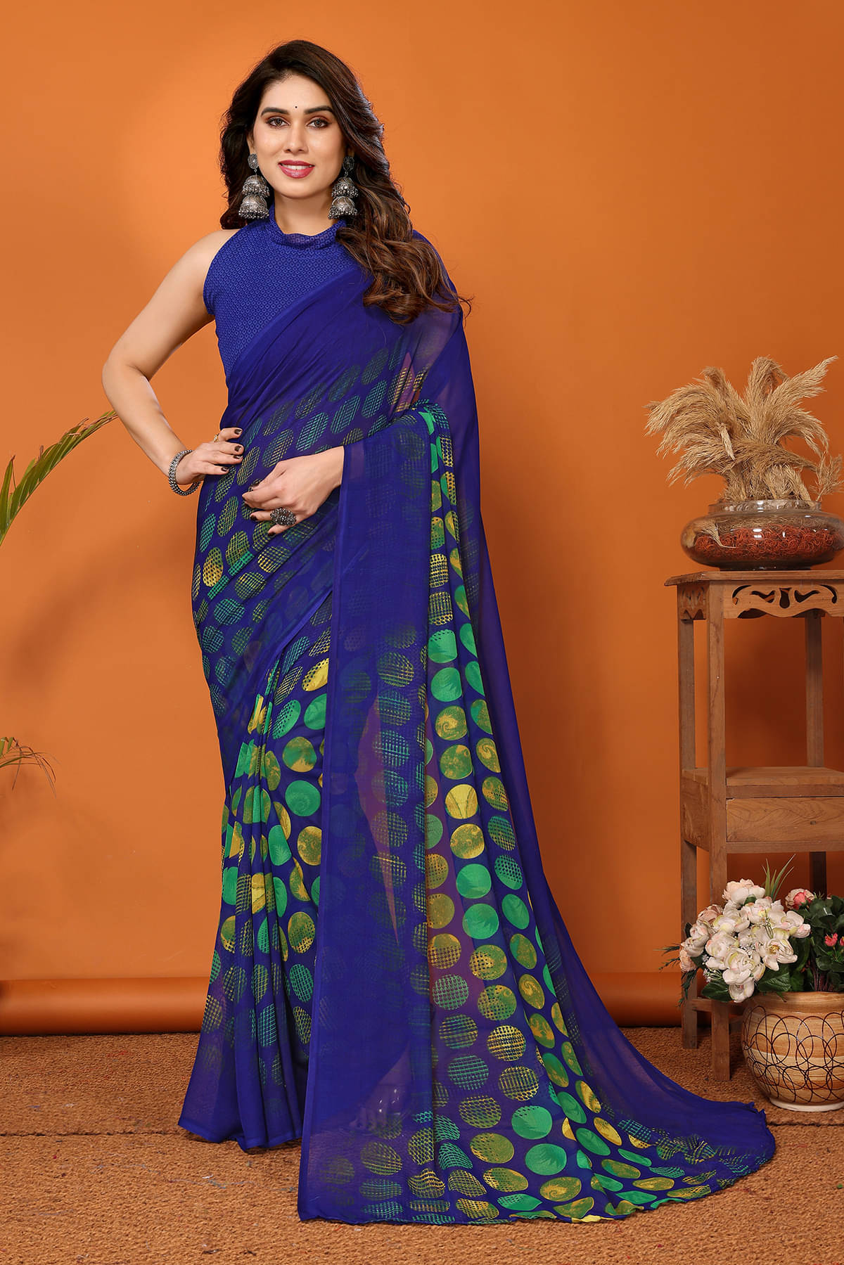     			ANAND SAREES Georgette Printed Chanderi saree With Unstitched Blouse Piece ( Blue )