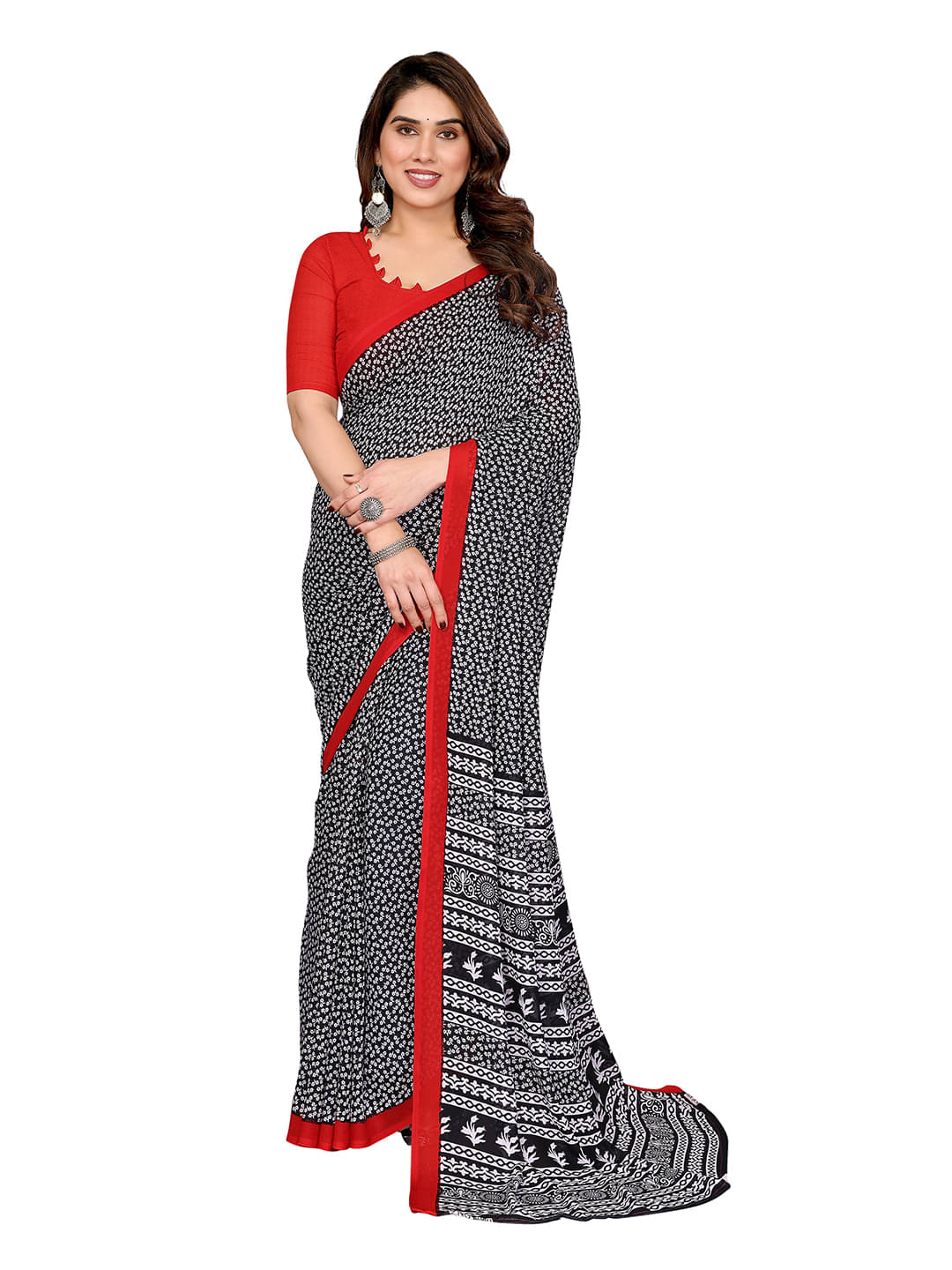 ANAND SAREES Georgette Printed Chanderi saree With Unstitched Blouse Piece ( Black ) ANAND SAREES Georgette Printed Chanderi saree With Unstitched Blouse Piece ( Black )
