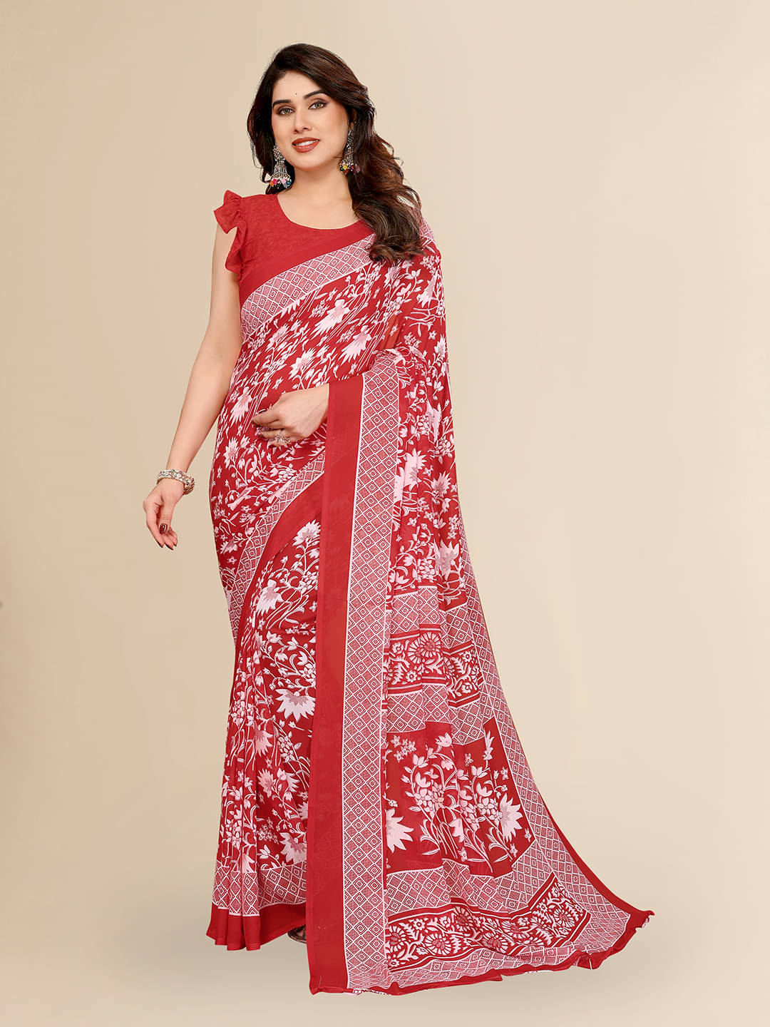 ANAND SAREES Georgette Printed Chanderi saree With Unstitched Blouse Piece ( Red ) ANAND SAREES Georgette Printed Chanderi saree With Unstitched Blouse Piece ( Red )