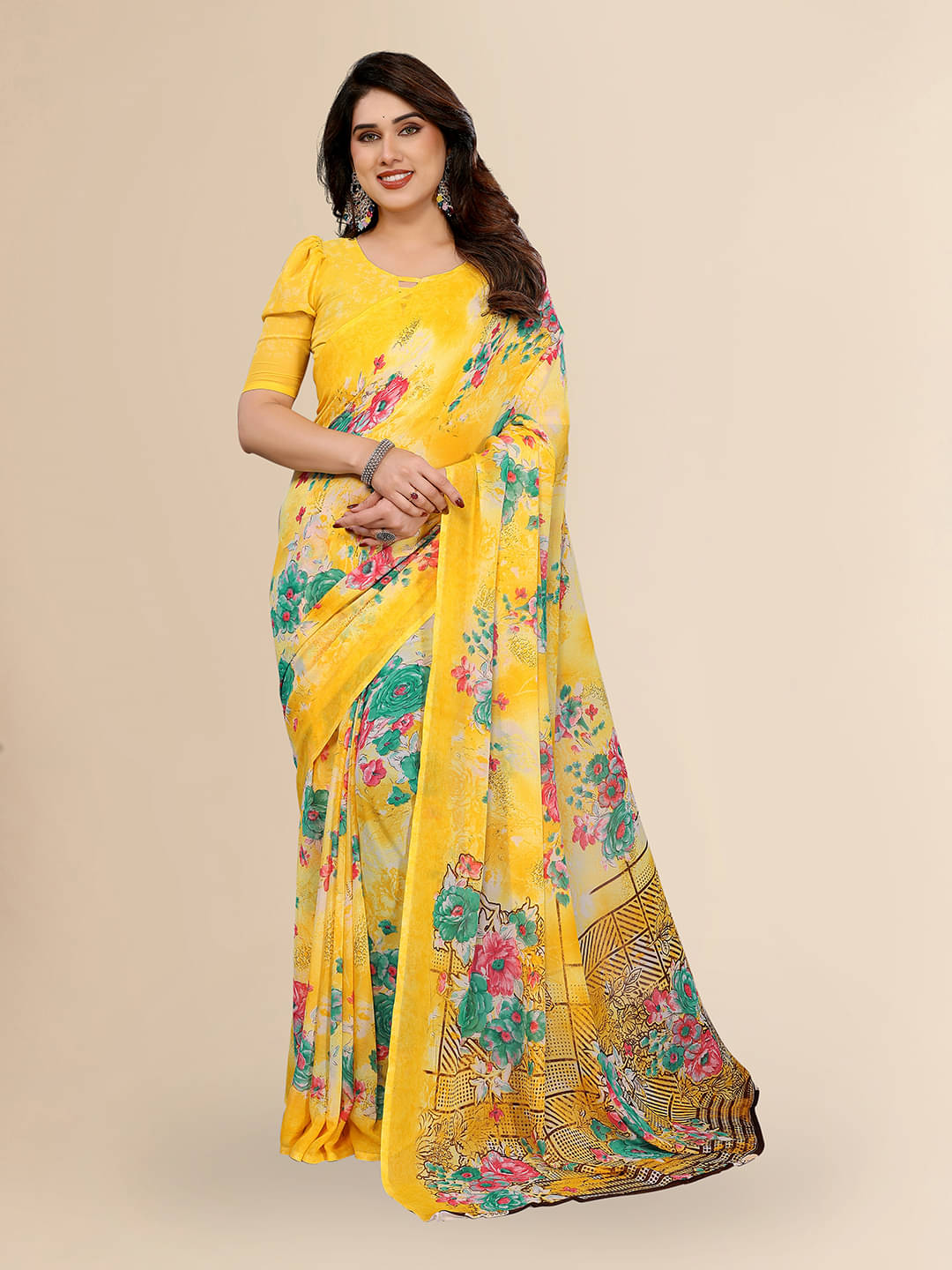 ANAND SAREES Georgette Printed Chanderi saree With Unstitched Blouse Piece ( Yellow ) ANAND SAREES Georgette Printed Chanderi saree With Unstitched Blouse Piece ( Yellow )